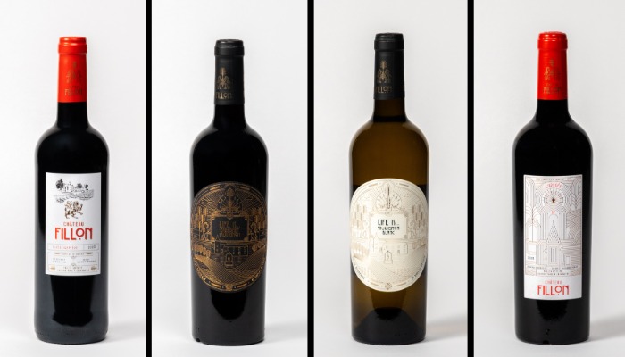 Left to right: Château Fillon – Cuvée Première 2023 (Red) | Life Is… Cabernet Sauvignon 2022 (Red) | Life Is… Sauvignon Blanc 2023 (White) | L’Apogée 2023 (Red)