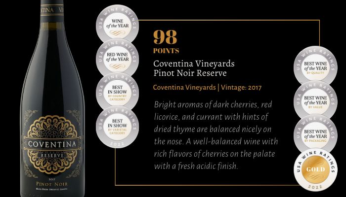 Coventina Vineyards Pinot Noir Reserve Wins Wine of The Year at 2022 USA Wine Ratings Coventina Vineyards Pinot Noir Reserve Wins Wine of The Year at 2022 USA Wine Ratings